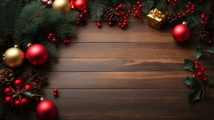 Winter Holiday Celebration with Vintage Decorative Ornaments on Rustic Wooden Table