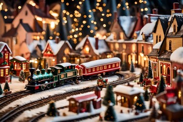 A vintage toy train circling a miniature Christmas village, passing by tiny shops and houses. --