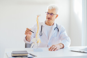 Middle aged male doctor pointing on human spine model with a pen sitting in medical clinic office....