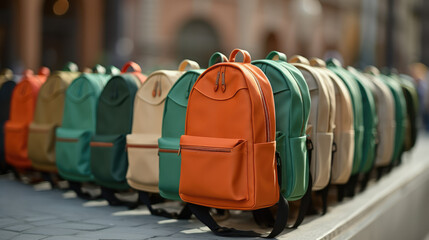 Wallpaper with beautiful stylish colorful bags, school backpacks. A lot of backpacks, copy space, backdrop. 