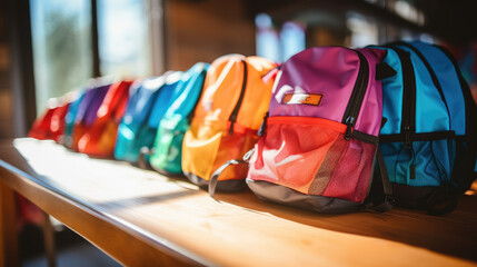 Wallpaper with beautiful stylish colorful bags, school backpacks. A lot of backpacks, copy space, backdrop. 