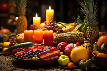 A Kwanzaa table set up with colorful fruits, candles, and corn,