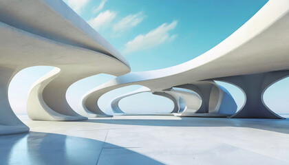 3d render of abstract futuristic architecture with empty concrete floor. Scene for car presentation.