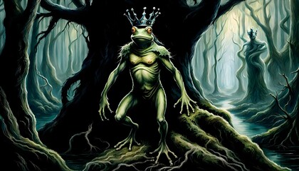 A huanted anthropomorphic humanoid Frog Prince in the midst horror forest, Frog prince concept art illustration for design template. Generative AI