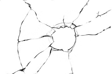Broken hole in glass white background