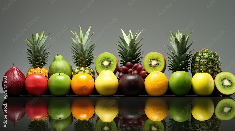 Aufkleber a variety of fruits arranged in a row on a reflective surface with a reflection in the middle of the