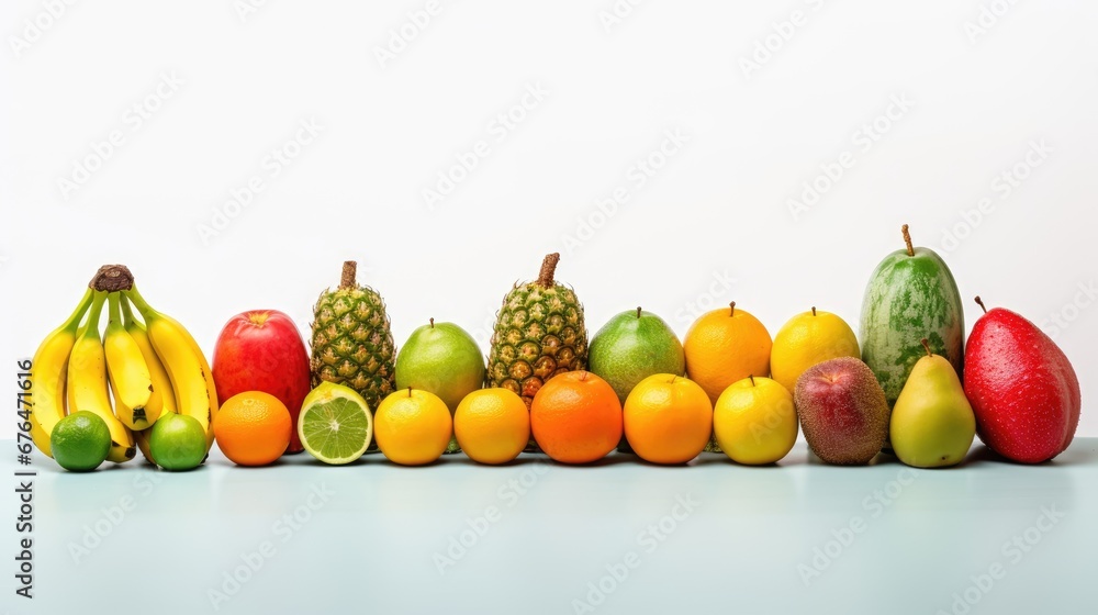 Poster a group of fruit sitting in a row on top of a blue counter top in front of a white background. gener