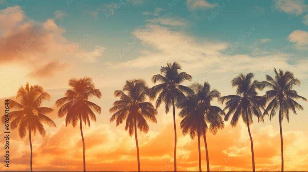 Poster a number of palm trees on a beach with a sky in the background with a few clouds in the sky. generat