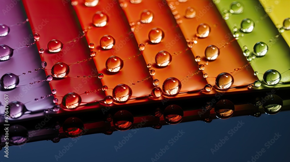 Poster a row of multicolored water droplets sitting on top of each other on top of a blue table top. genera