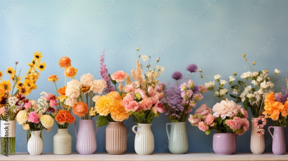 Poster a row of vases filled with different types of flowers on a wooden shelf in front of a blue wall. gen