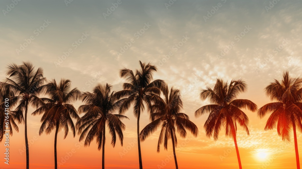 Poster a row of palm trees with the sun setting in the backgrounnd of the sky in the background. generative