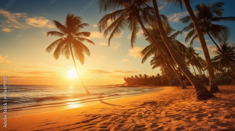 Poster the sun is setting on a tropical beach with palm trees in the foreground and the ocean in the backgr
