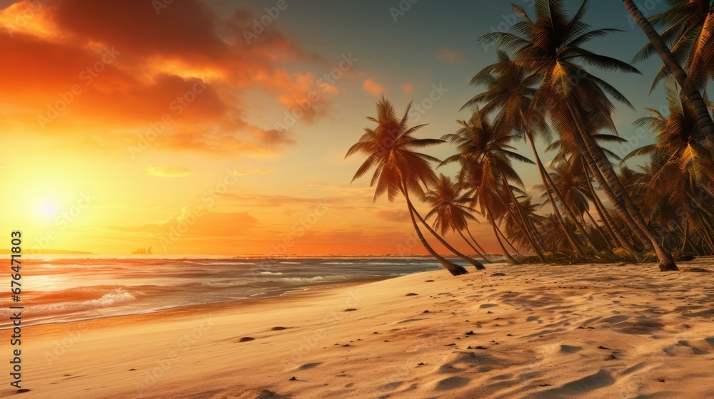 Poster the sun is setting on a tropical beach with palm trees in the foreground and the ocean in the backgr