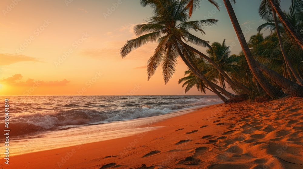 Poster the sun is setting on the beach with palm trees in the foreground and the ocean in the foreground. g