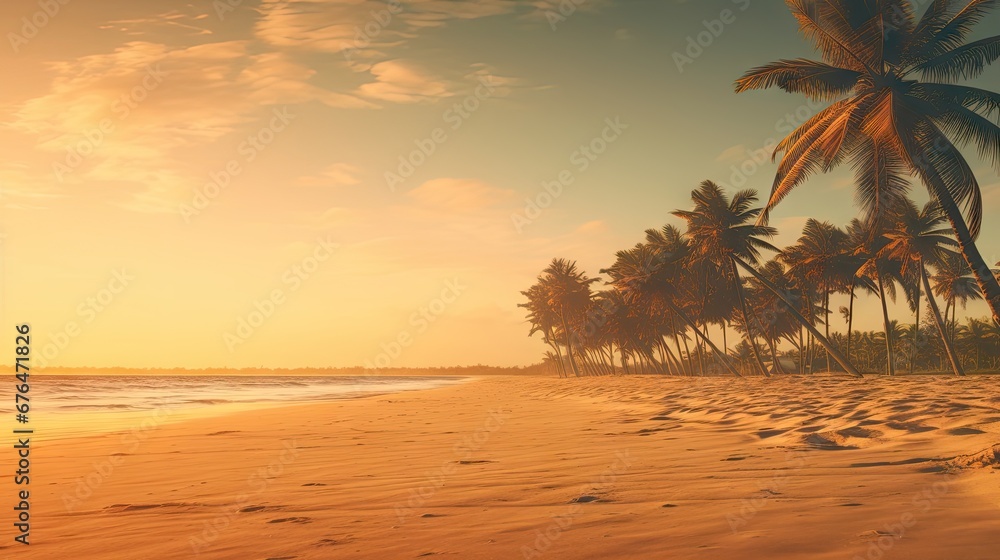Poster a sandy beach with palm trees and the sun setting in the backgrounge of the beach with footprints in