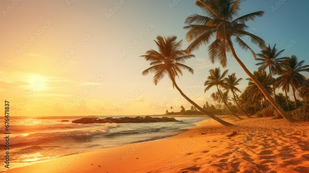 Poster the sun is setting on the beach with palm trees in the foreground and the ocean in the foreground. g