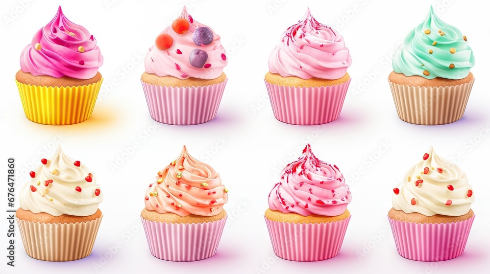 Poster a bunch of cupcakes with frosting and sprinkles are shown in a row on a white background. generative