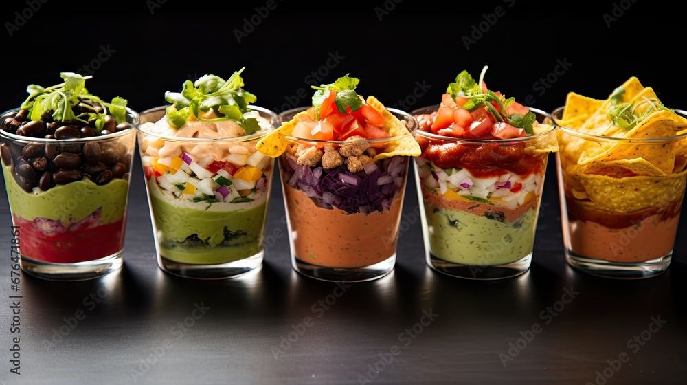 Poster a row of small cups filled with different types of salads and condiments on top of a table. generati