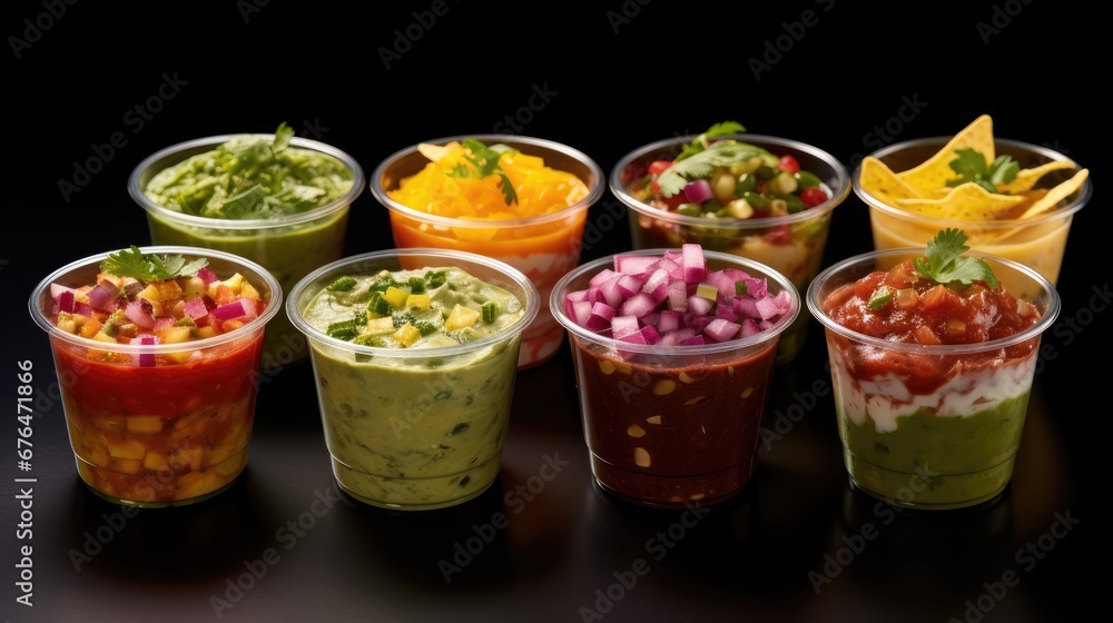 Canvas Prints  a group of plastic cups filled with different types of food and garnished with garnishes and garnishes.  generative ai