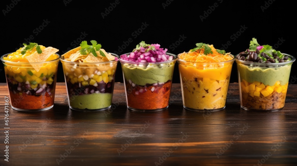 Poster a row of small cups filled with different types of food and garnished with green garnishes. generati