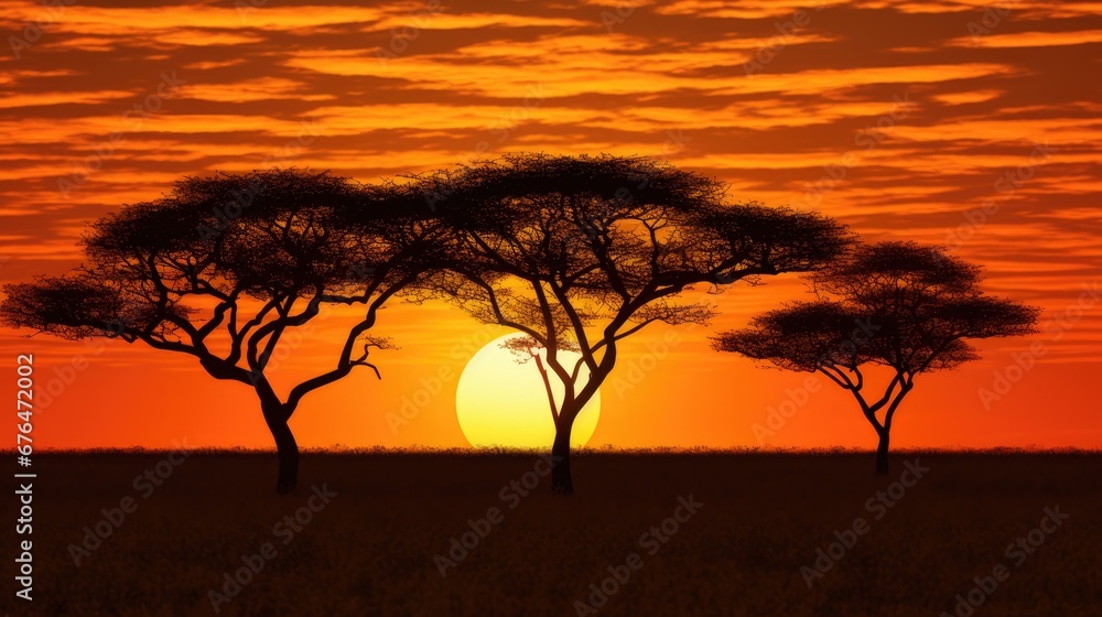 Poster a couple of trees that are standing in the grass with the sun in the back of the tree and the sky in