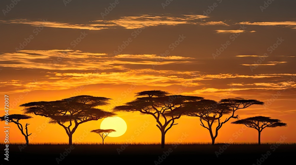 Poster a number of trees in a field with a sky in the background with a sun in the middle of the sky. gener