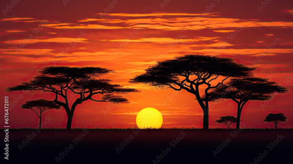 Poster a painting of a sunset with trees in the foreground and the sun in the middle of the sky with clouds