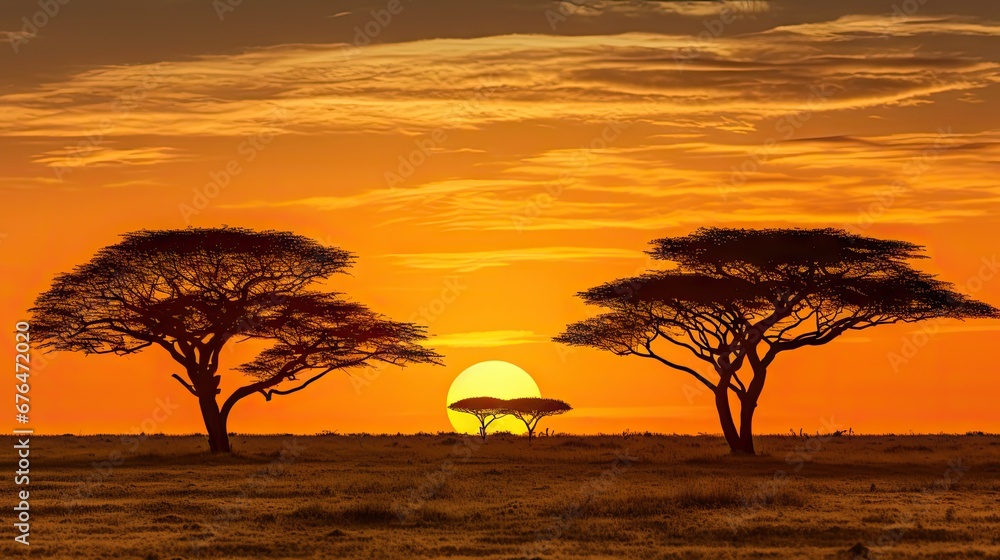 Poster a couple of trees that are standing in the grass with the sun in the background and a sky filled wit