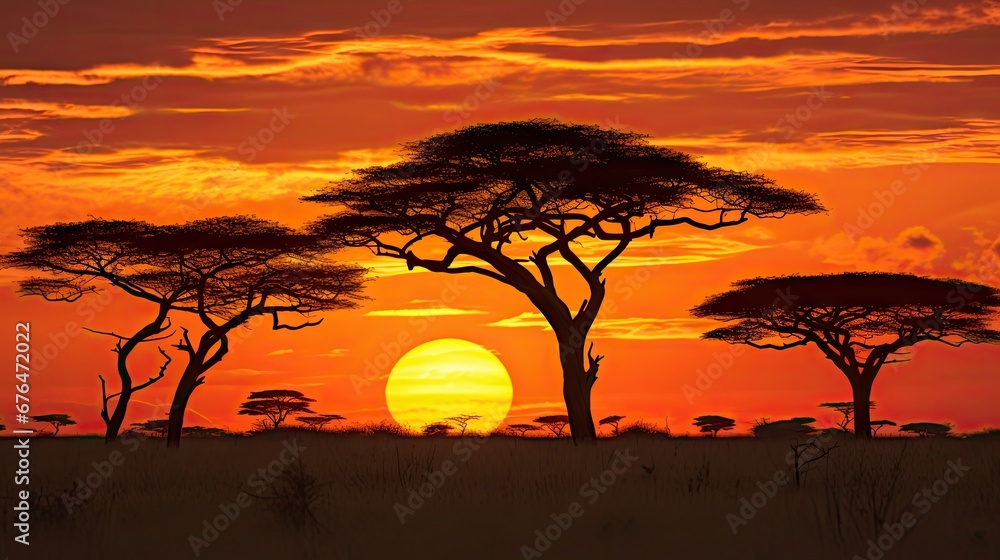 Poster  a group of trees that are standing in the grass with a sunset in the backgrouund of them.  generative ai