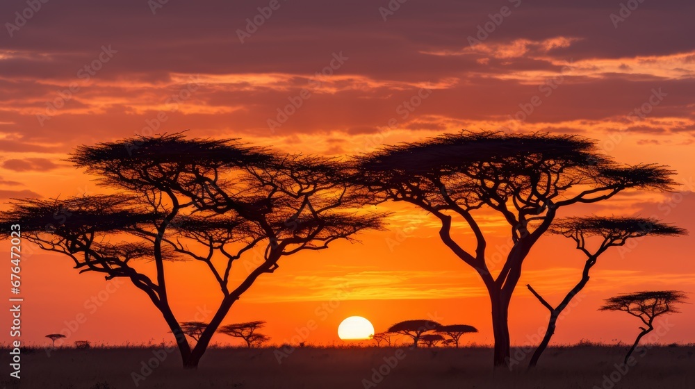 Poster a couple of trees that are standing in the grass with the sun in the back of the trees and the sky i