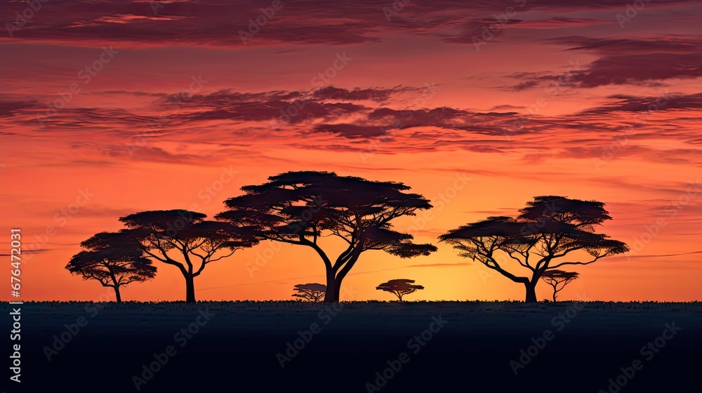 Poster a group of trees standing on top of a grass covered field under a red and orange sky with a sunset i
