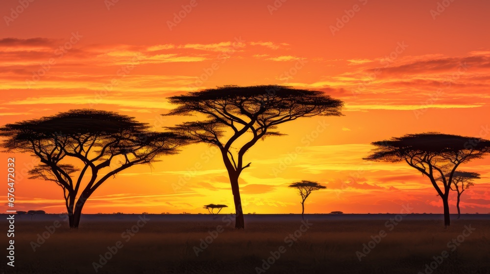 Poster a group of trees standing in the middle of a field with the sun setting in the background and a few 