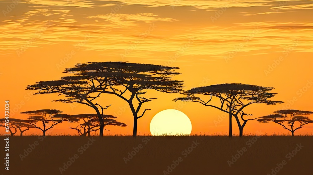 Poster a number of trees in a field with a setting sun in the background with clouds in the sky above them.