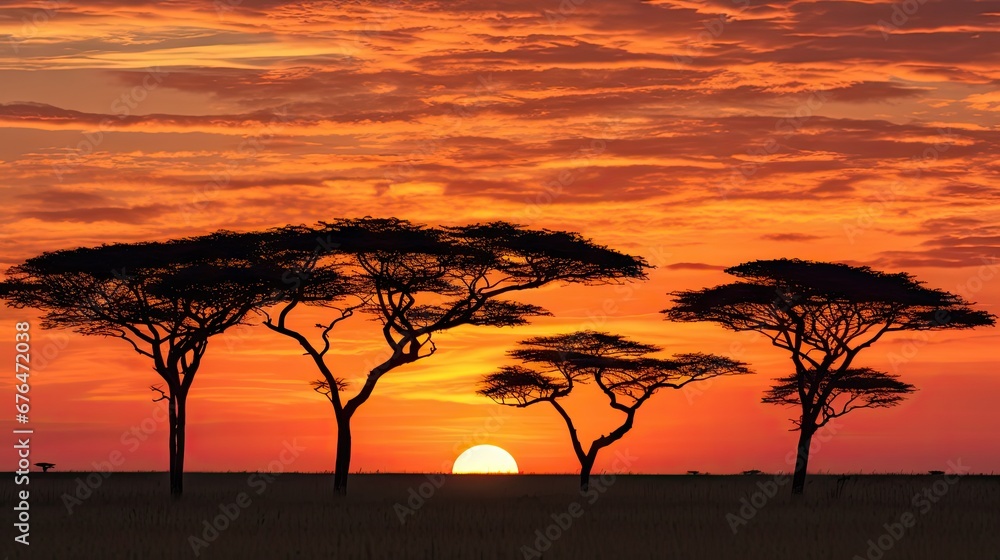 Poster a number of trees in a field with a sky in the background with a sun in the middle of the sky. gener