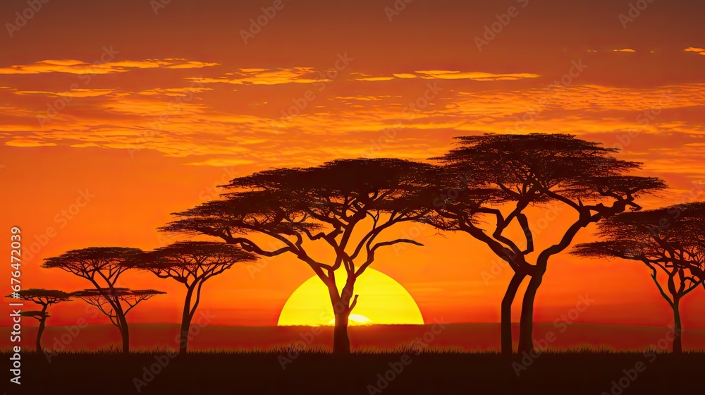 Poster a number of trees in a field with a setting sun in the background with clouds in the sky above them.