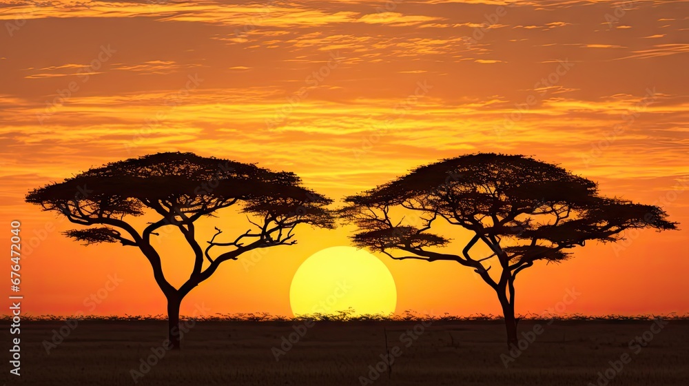 Poster a couple of trees that are standing in the grass with the sun in the back of the tree and the sky in