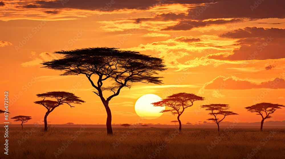 Poster a number of trees in a field with a sky in the background with a sun in the middle of the sky. gener