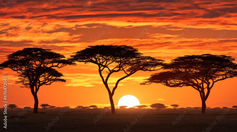 Poster a number of trees in a field with a setting sun in the background with clouds in the sky and a few t