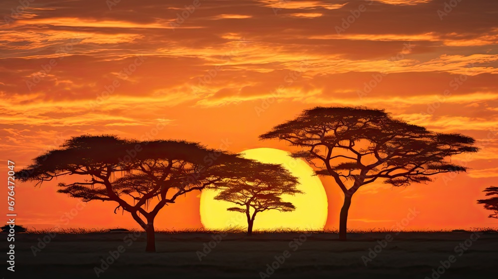 Poster a number of trees in a field with a setting sun in the background with clouds in the sky above them.