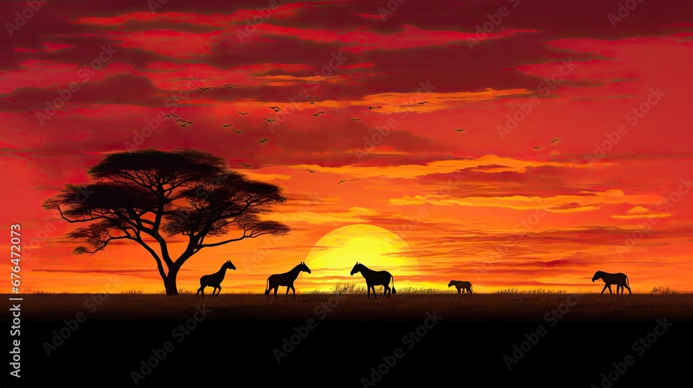 Poster a group of giraffes standing in front of a sunset with a tree in the foreground and birds in the bac