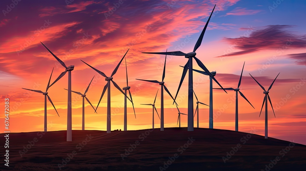 Poster a group of windmills standing on top of a hill with a sunset in the background and clouds in the sky