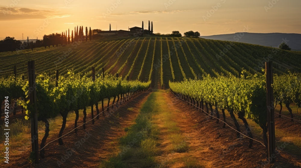 Poster the sun is setting over a vineyard with rows of vines in the foreground and a row of trees in the ba