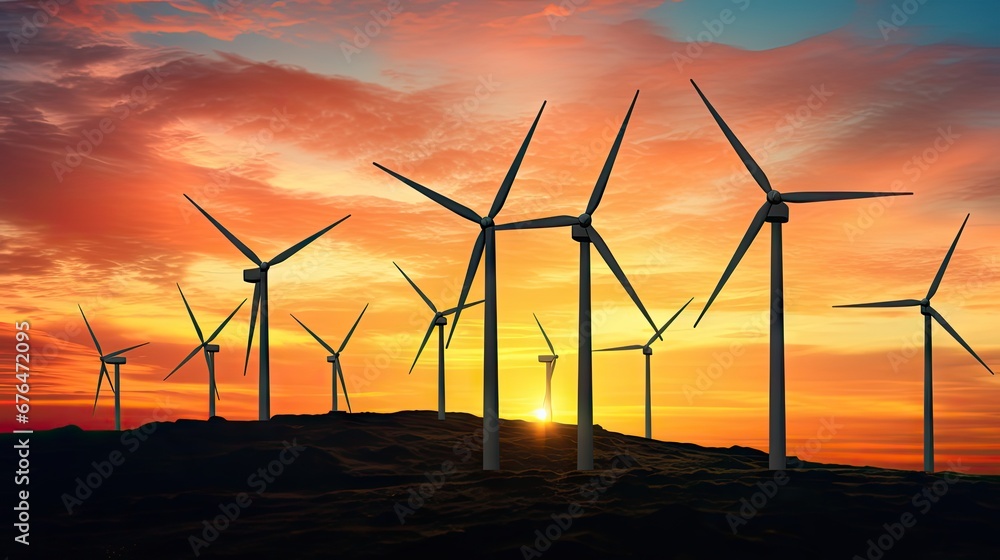 Poster a group of windmills on a hill with the sun setting in the background and a few clouds in the sky. g