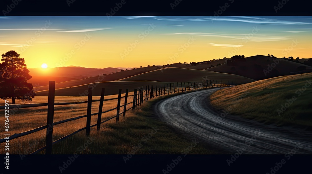 Aufkleber a dirt road in the middle of a field with a fence and a tree at the end of the road. generative ai