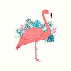 Pink flamingo with palm leaves on a white background.Vector illustration