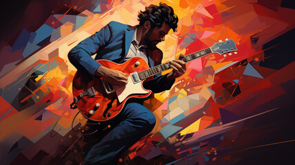 Guitarist in the style of bright geometric abstractions by Generative AI - obrazy, fototapety, plakaty