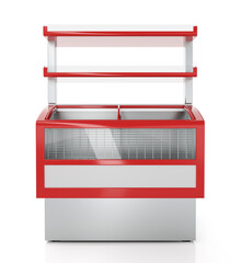 Closed horizontal trade showcase with shelves for goods. 3d illustration