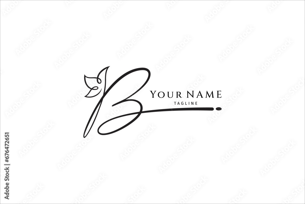 Poster handwritten initial letter b, simple signature vector logo with flower shape variation