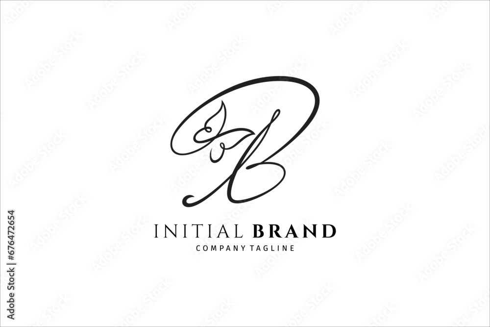 Poster handwritten initial letter b, simple signature vector logo with butterfly shape variation