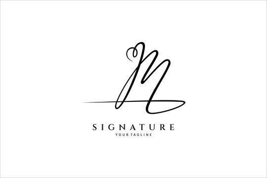 M initial letter signature logo with love or heart shape variation. Handwriting logo template vector